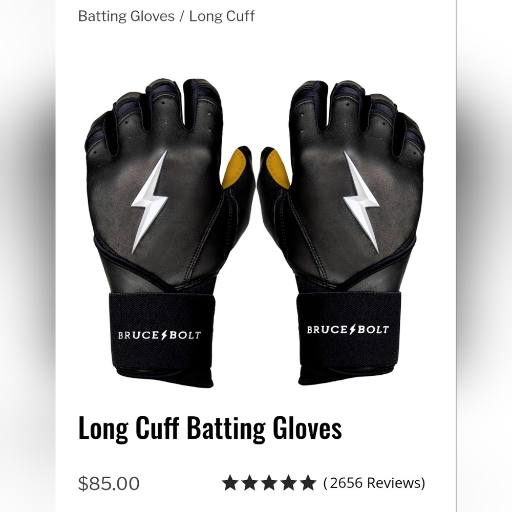Bruce Bolt Black Long Cuff Batting Gloves - YTH Large